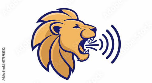 Powerful roaring lion head mascot logo with sound waves. Vector graphic icon symbolizing courage, voice, and leadership