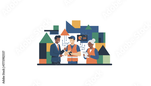 Diverse team of engineers and managers collaborating on complex construction planning