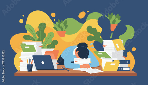 Exhausted office worker sleeping on a huge pile of paperwork Burnout stress and heavy workload concept