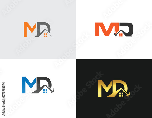 Four logo variations with letters M D and house roof hammer icons vector template
