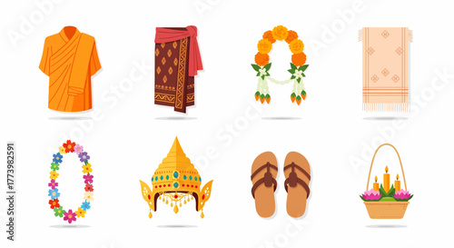 Thai Culture Elements Monk Robe, Garland, Headdress, Flowers, Sandals, Fabrics