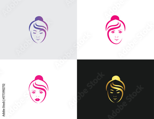 Four stylized female faces with gradient and solid colors vector template woman beauty