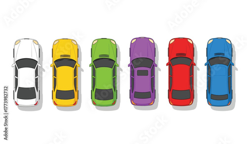 Top down view of six colorful modern cars parked in a row against a white background, showcasing diversity