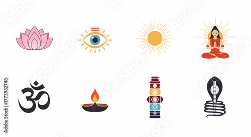Vector illustration collection of various spiritual and wellness symbols, depicting concepts of yoga, meditation, cultural enlightenment, and inner peace