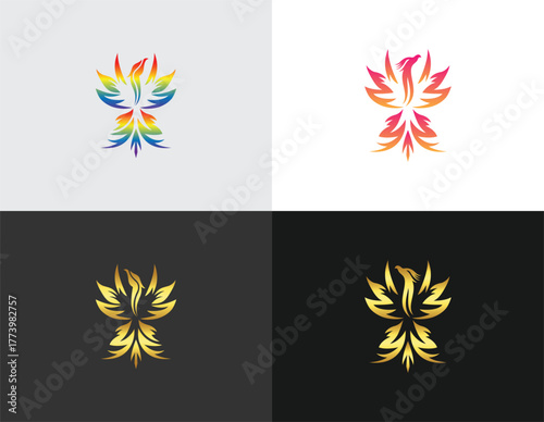 Four stylized phoenix logos in rainbow gradient orange pink and gold vector template bird fire