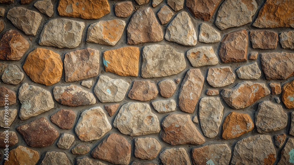 Fototapeta premium Stone wall with irregularly shaped rocks and mortar joints.