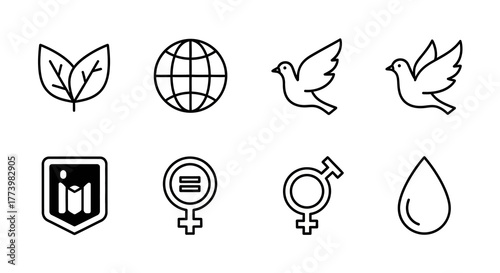 Minimalist icon set: nature, peace, equality, and sustainability symbols