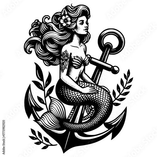 Mermaid sitting on an anchor tatoo style vector image icon illustration