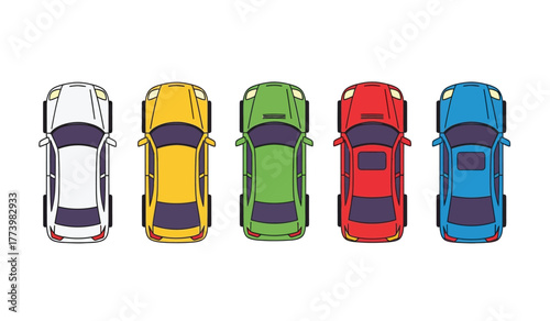 Top view illustration of five colorful cars parked in a row, featuring white, yellow, green, red, and blue vehicles for varied uses.