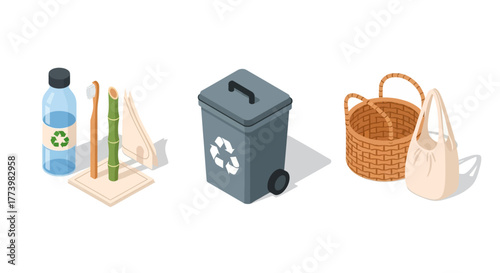 Eco-friendly lifestyle items: reusable bags, recycling bin, bamboo essentials, and sustainable alternatives in isometric design