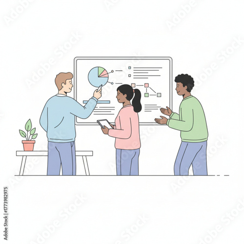 A team of coworkers discussing data and charts during a presentation