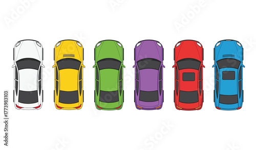 Top down view of six colorful cars lined up side by side on a white background, depicting variety and transportation options.