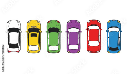 Top view illustration of six different colored cars lined up in a row for automotive concept or transport themes