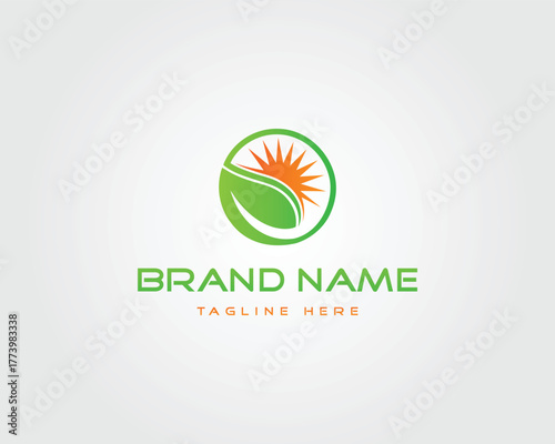 Green leaf and orange sun logo with brand name text vector template tagline