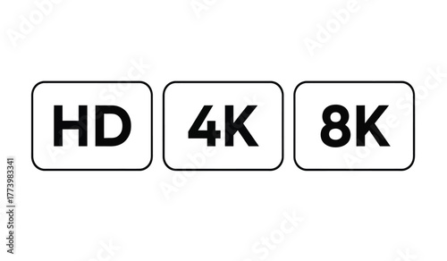 High definition, 4k, and 8k resolution symbols presented side-by-side in graphic design for media and technology