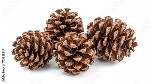 Group of brown pinecones arranged together on a white background. Natural decoration, pinecone crafts, rustic decor. The concept of nature and craft accessories.