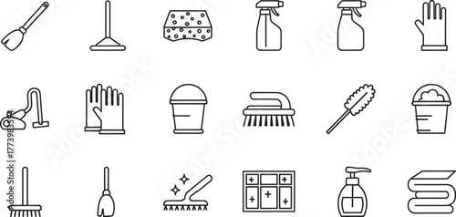 Collection of Cleaning Tools and Supplies Icons for Home Maintenance