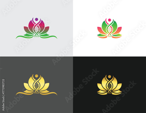 Lotus flower with D N A helix and human figure logo variations vector template