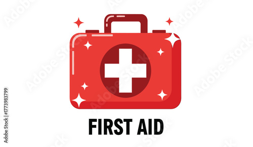 Red first aid kit with white cross symbol and stars, representing emergency medical care and safety preparedness illustration.