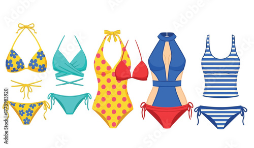 Collection of stylish swimwear including bikinis and one-piece swimsuits in various patterns and colors.