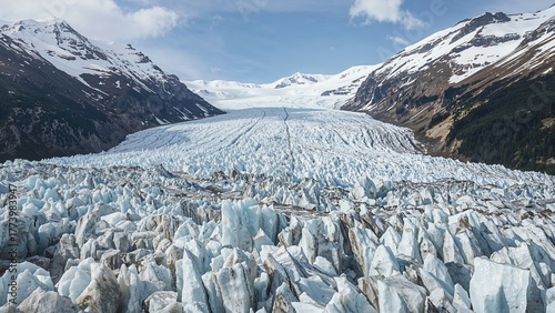 Glacier and snow-capped mountains with a massive ice mass and fractured ice chunks. Nature and climate change, environment, cold climate. The concept of glaciers and climate impact.
