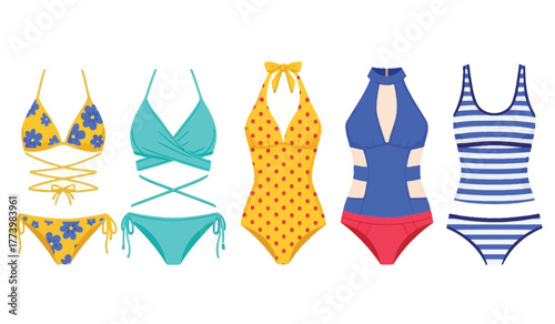 Diverse collection of stylish swimwear for women, including bikinis and one-piece suits, perfect for summer.
