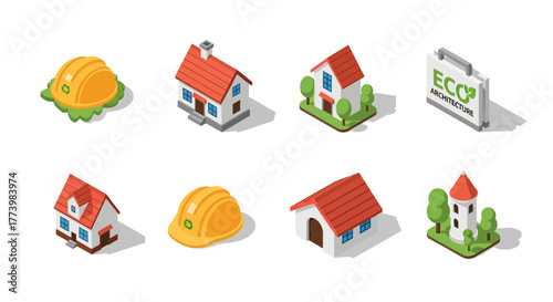 Eco-friendly architecture and construction icons set in isometric style