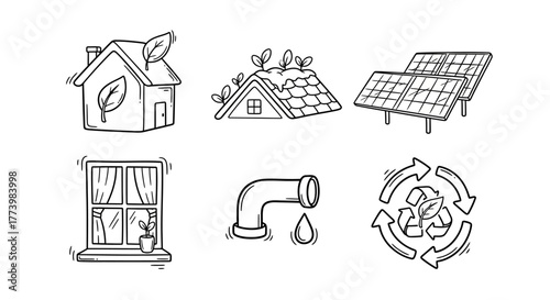 Eco-friendly living set with solar panels, green roofs, and sustainable energy elements