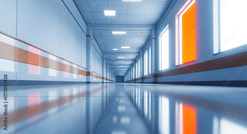 Fototapeta premium Modern hospital corridor with bright lights and reflective floor leading to distance