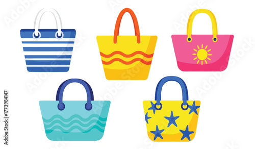 Collection of five assorted colorful beach tote bags and handbags, ideal for summer vacation shopping and travel.