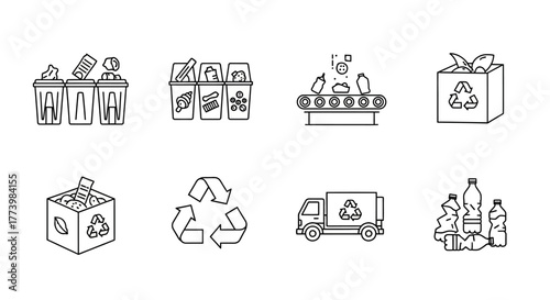 Waste management symbols: recycling, sorting, and processing in line art style