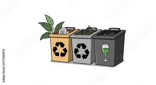 Colorful recycling bins with plants and recyclable materials in a minimalist design