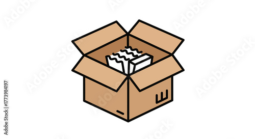 Open cardboard box with packing material on a white background