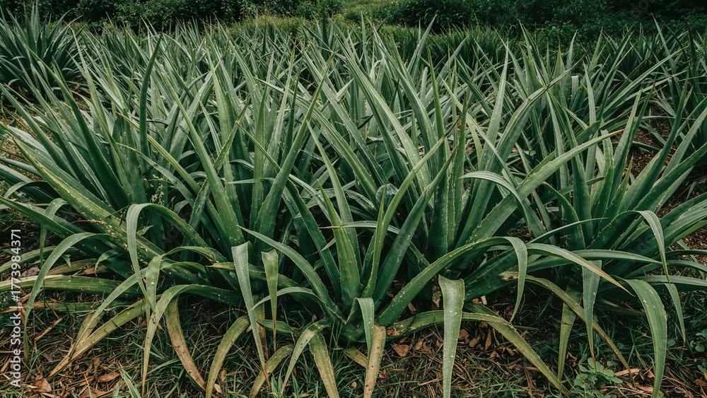 Fototapeta premium Rows of pineapple plants in a farm with green leaves and soil, agricultural land, crop cultivation, rural farming area.