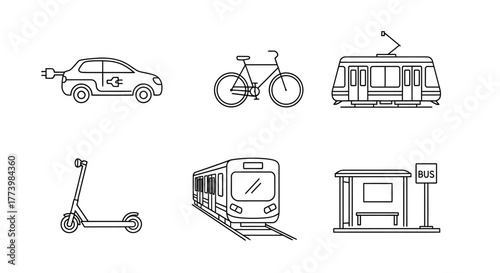 Urban transportation icons: electric car, train, bicycle, scooter, tram, and bus stop in outline style