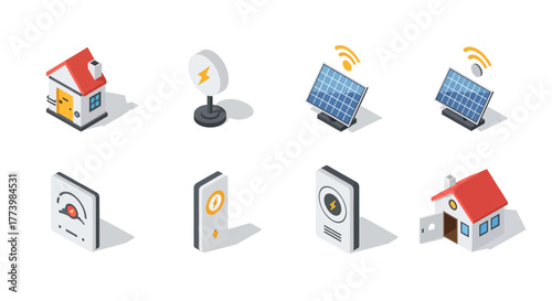 Isometric renewable energy icons set featuring solar panels and smart meters