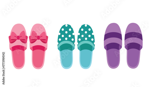 Collection of three pairs of colorful house slippers, flat design vector illustration on white background.