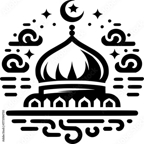 Islamic Mosque at Night: A detailed graphic illustration captures the serenity of a mosque bathed in the tranquil night. with moon, clouds, and stars creating a spiritual atmosphere.