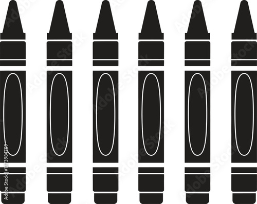 Collection of six crayons lined up in a black graphic art