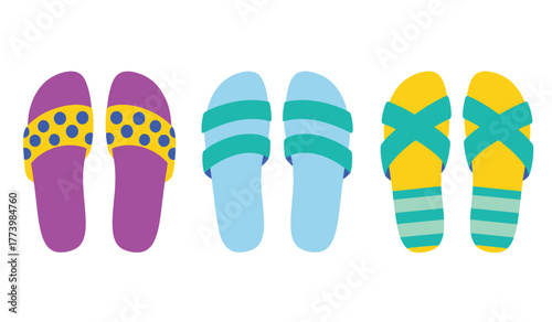 A collection of three pairs of colorful cartoon sandals and flip flops laid out in a row against a white backdrop.