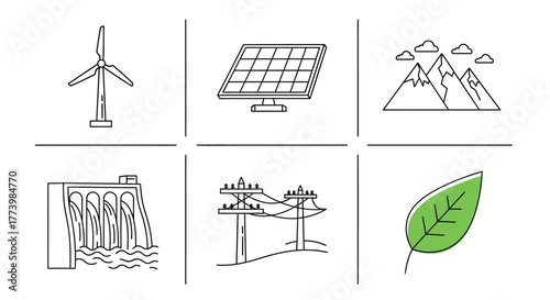 Sustainable energy and nature icons set in linear style