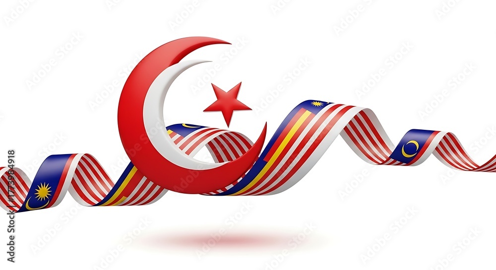 Obraz premium A crescent moon and star with the malaysian flag ribbon intertwined, creating a patriotic and symbolic design, isolated on white background