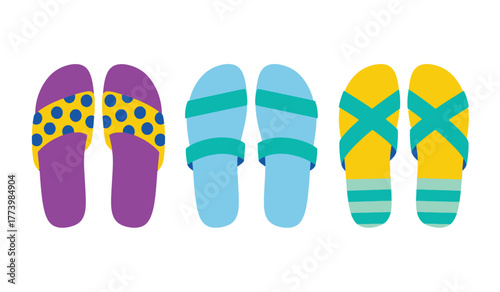 Colorful summer flip-flops displayed in a row, showcasing playful designs perfect for beach and vacation themes