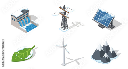 Isometric renewable energy sources and nature icons with snow elements