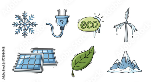Eco-friendly icons: green energy, solar panels, wind turbine, and sustainability elements