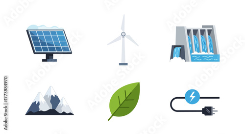 Renewable energy icons collection featuring solar, wind, and hydro power elements in modern style