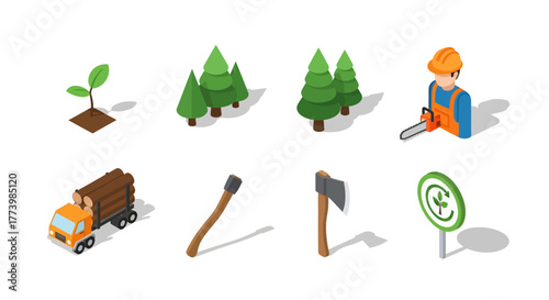 Sustainable forestry isometric set: logging, trees, and tools