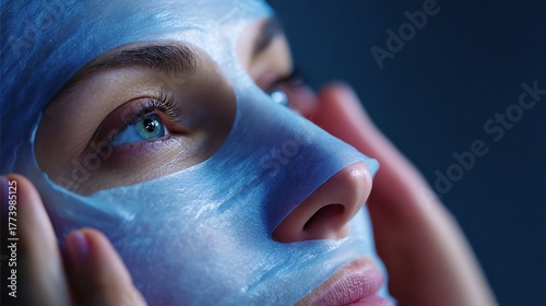 Close-up of a woman applying a blue facial sheet mask for skincare treatment