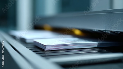 Close-up of a printing machine outputting freshly printed materials in a modern facility