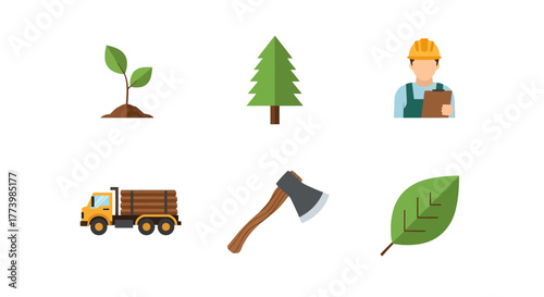 Forestry icons set: worker, truck, tools, trees, and leaves in flat design